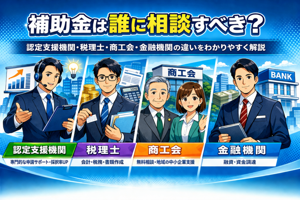 補助金は誰に相談すべき?認定支援機関・税理士・商工会・金融機関の違いをわかりやすく解説
